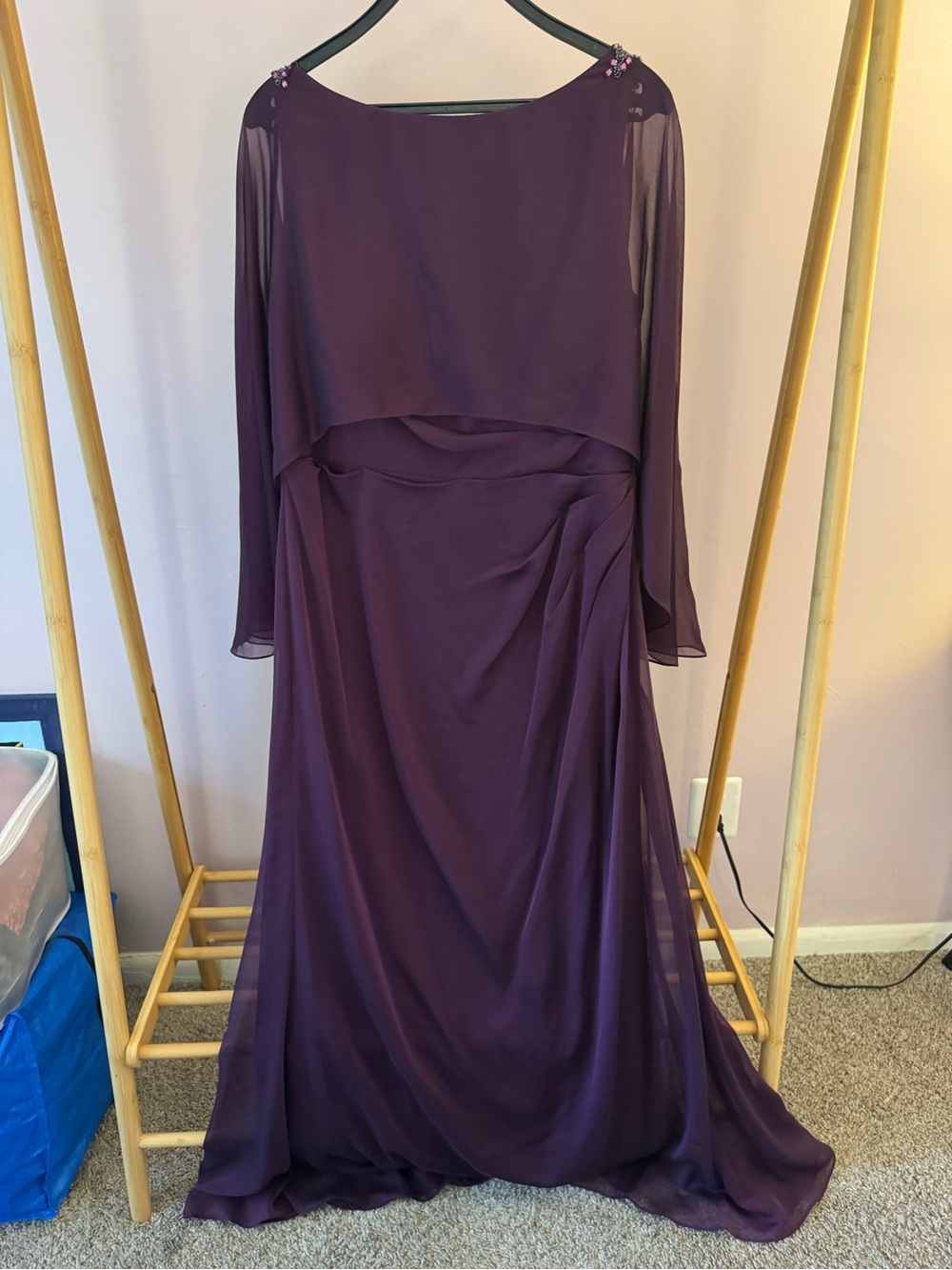Women's Jade Couture Chiffon, Boat Neckline Formal Dress w Attached Cape, Purple